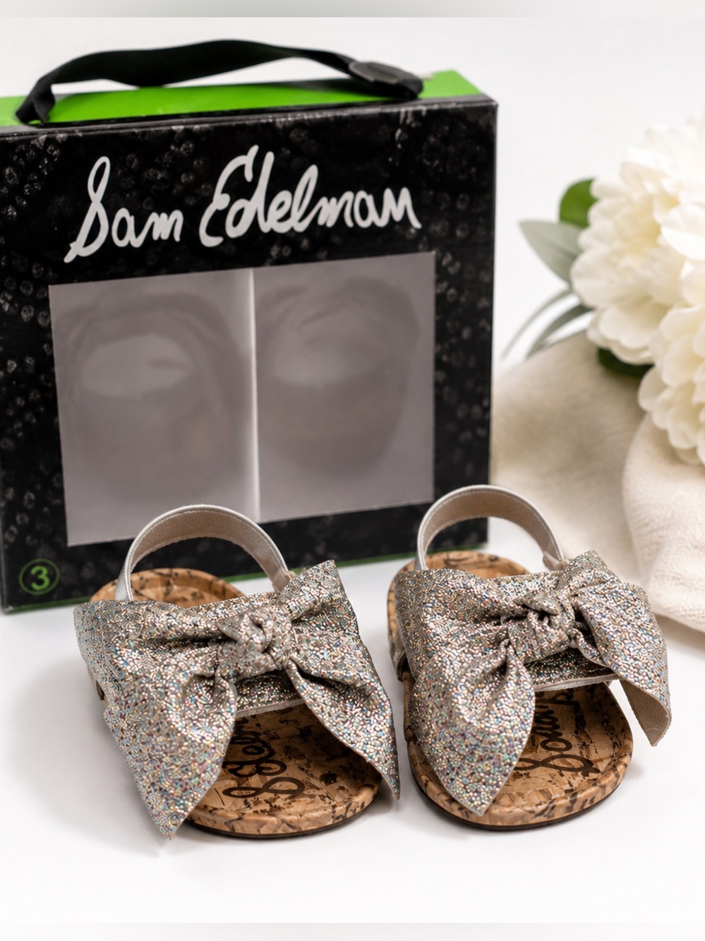 Sam‎ Edelman Baby Gigi Glitter Bow Dress Sandals/Shoes - Sz 3 USA